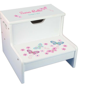 Yellow Butterflies Personalized White Storage Step Stool