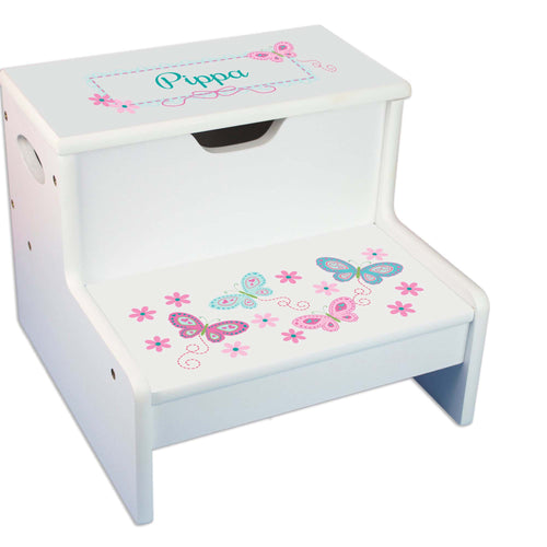Aqua Butterflies Personalized White Storage Step Stool