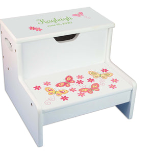 Stemmed Flowers Personalized White Storage Step Stool