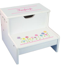 Stemmed Flowers Personalized White Storage Step Stool