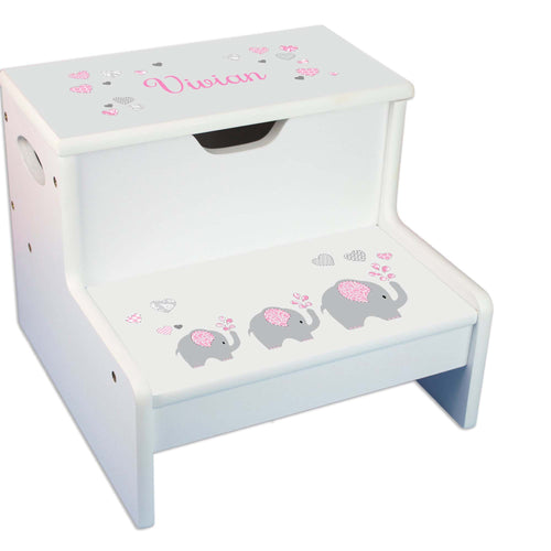 Pink Elephant Personalized White Storage Step Stool