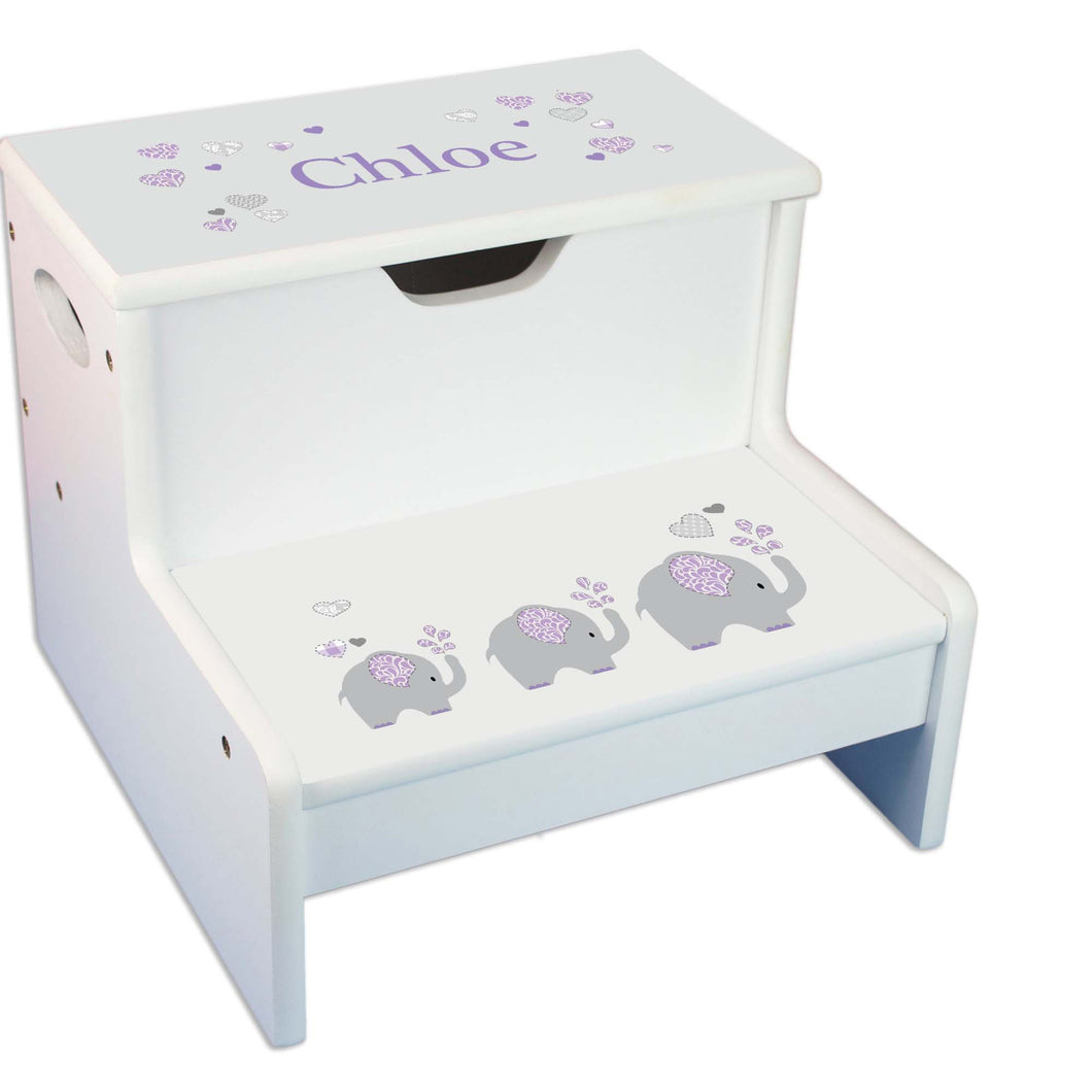 Lavender Elephant Personalized White Storage Step Stool