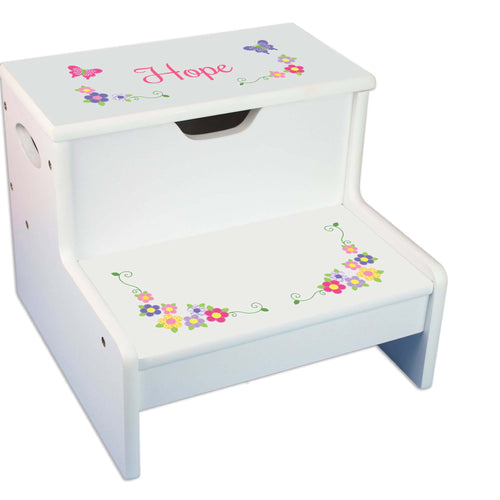 Bright Butterfly Garland Personalized White Storage Step Stool