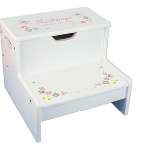 Pink Gray Butterfly GarlandPersonalized White Storage Step Stool