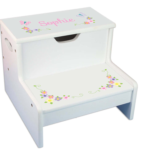 Pastel Butterfly Garland Personalized White Storage Step Stool