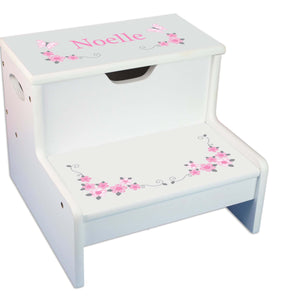 Pink Gray Butterfly GarlandPersonalized White Storage Step Stool