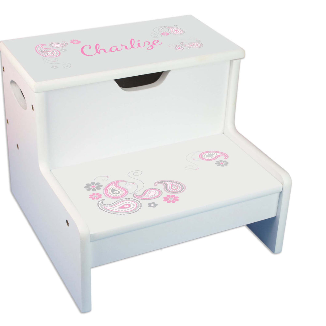 Pink Gray Paisley Personalized White Storage Step Stool