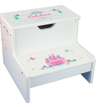 Pink Teal Princess Castle Personalized White Storage Step Stool