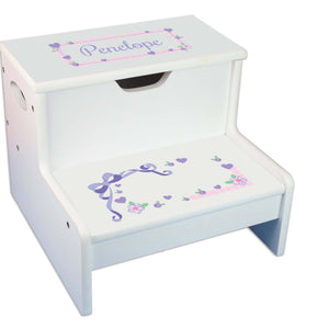 Lacey Bow Personalized White Storage Step Stool
