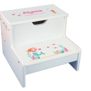 Brunette Mermaid Personalized White Storage Step Stool