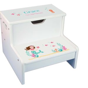 Brunette Mermaid Personalized White Storage Step Stool