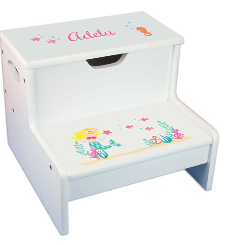 Blond Mermaid Personalized White Storage Step Stool