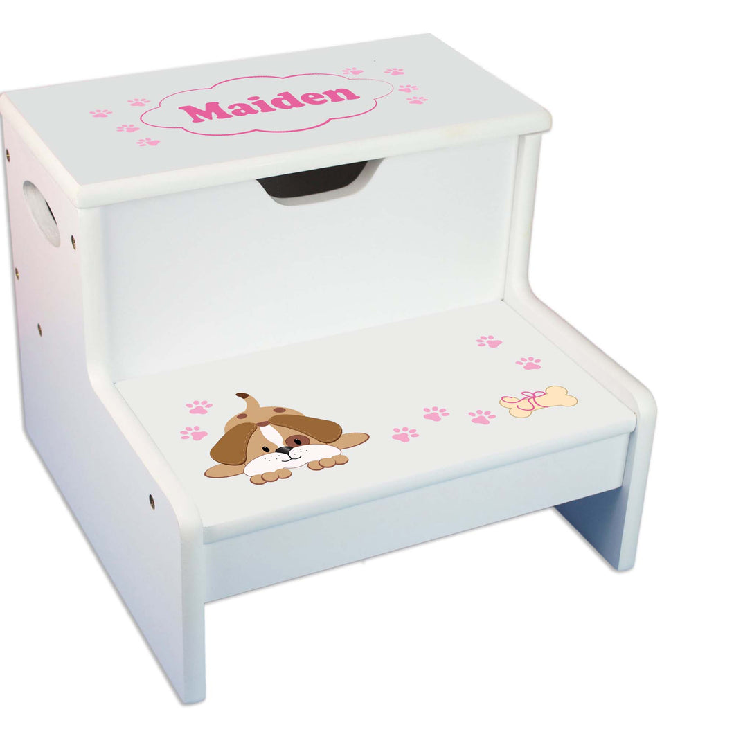 Pink Puppy Personalized White Storage Step Stool