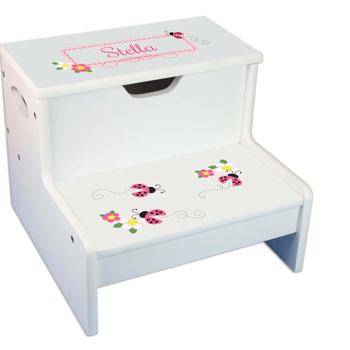 Pink Ladybugs Personalized White Storage Step Stool
