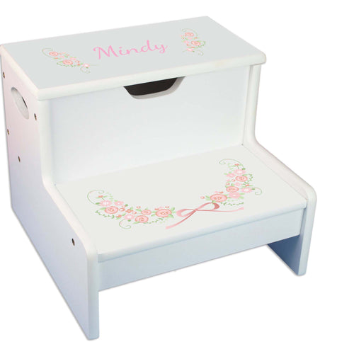 Blush Floral Garland Personalized White Storage Step Stool