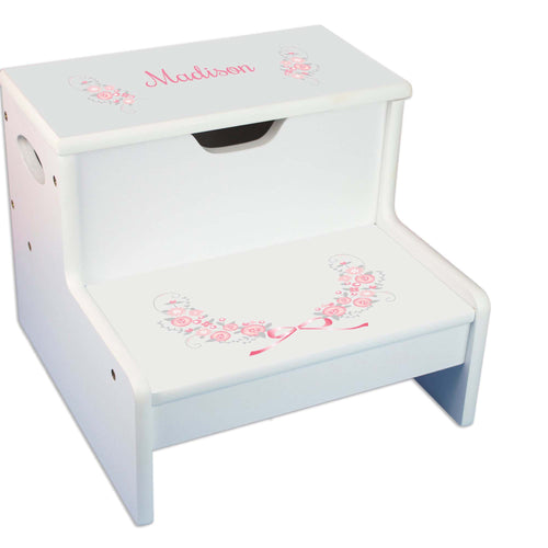 Pink Gray Floral Garland Personalized White Storage Step Stool