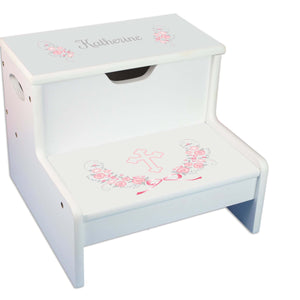 Pink Gray Floral Cross White Storage Step Stool