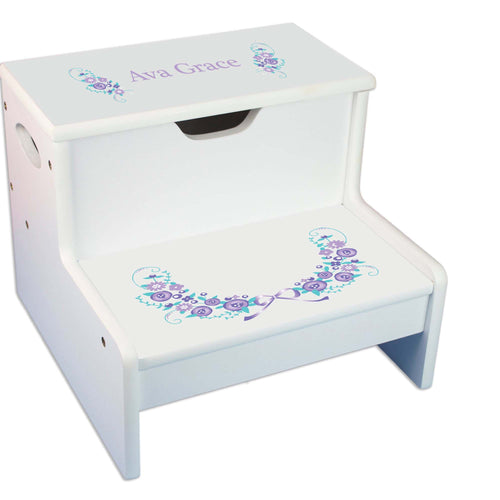 Lavender Floral Personalized White Storage Step Stool