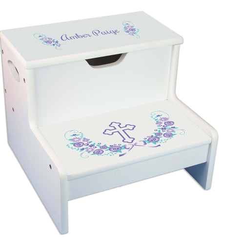 Lavender Floral Cross White Storage Step Stool