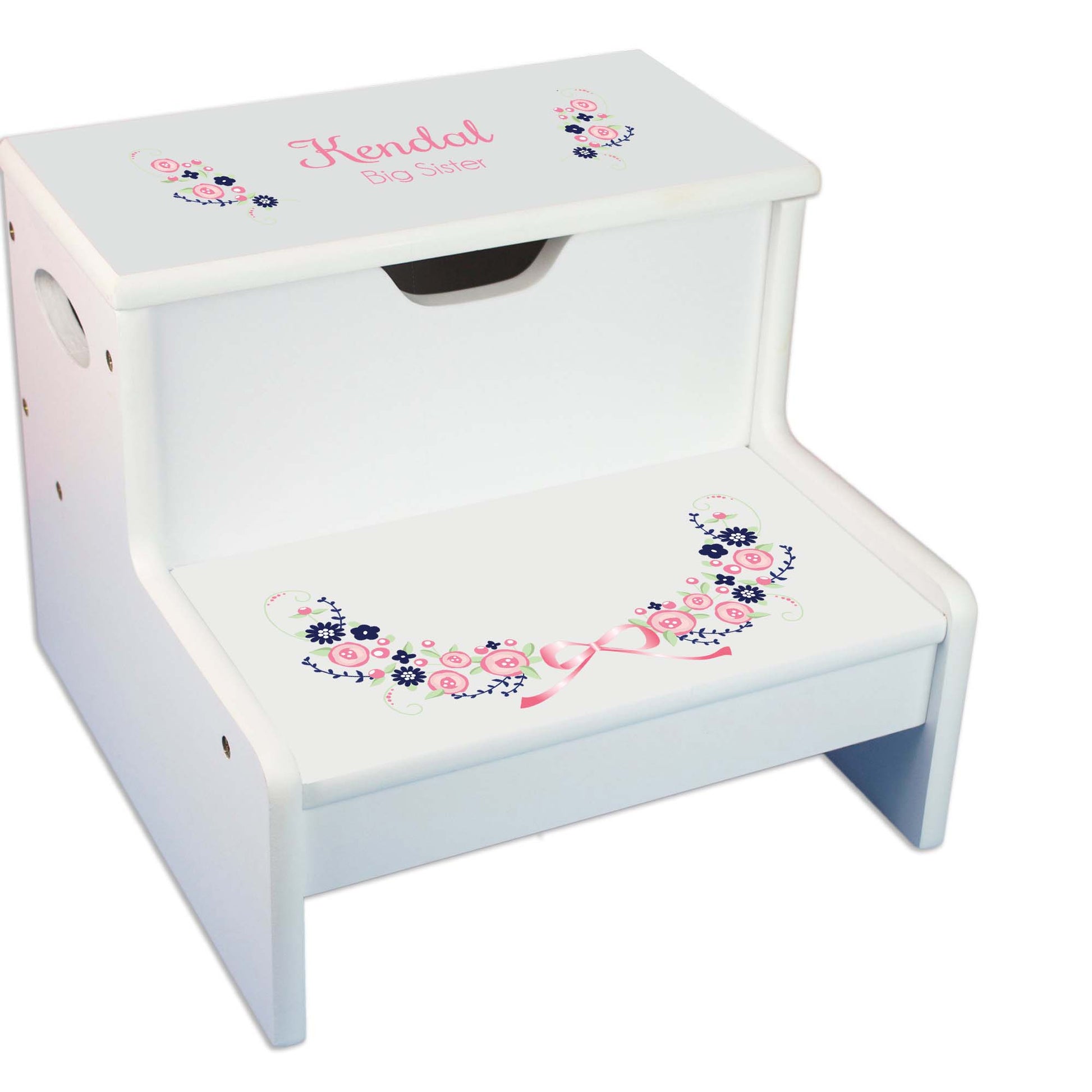 Navy Pink Floral Garland Personalized White Storage Step Stool