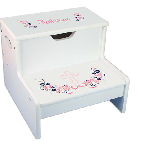 Navy Pink Cross White Storage Stool