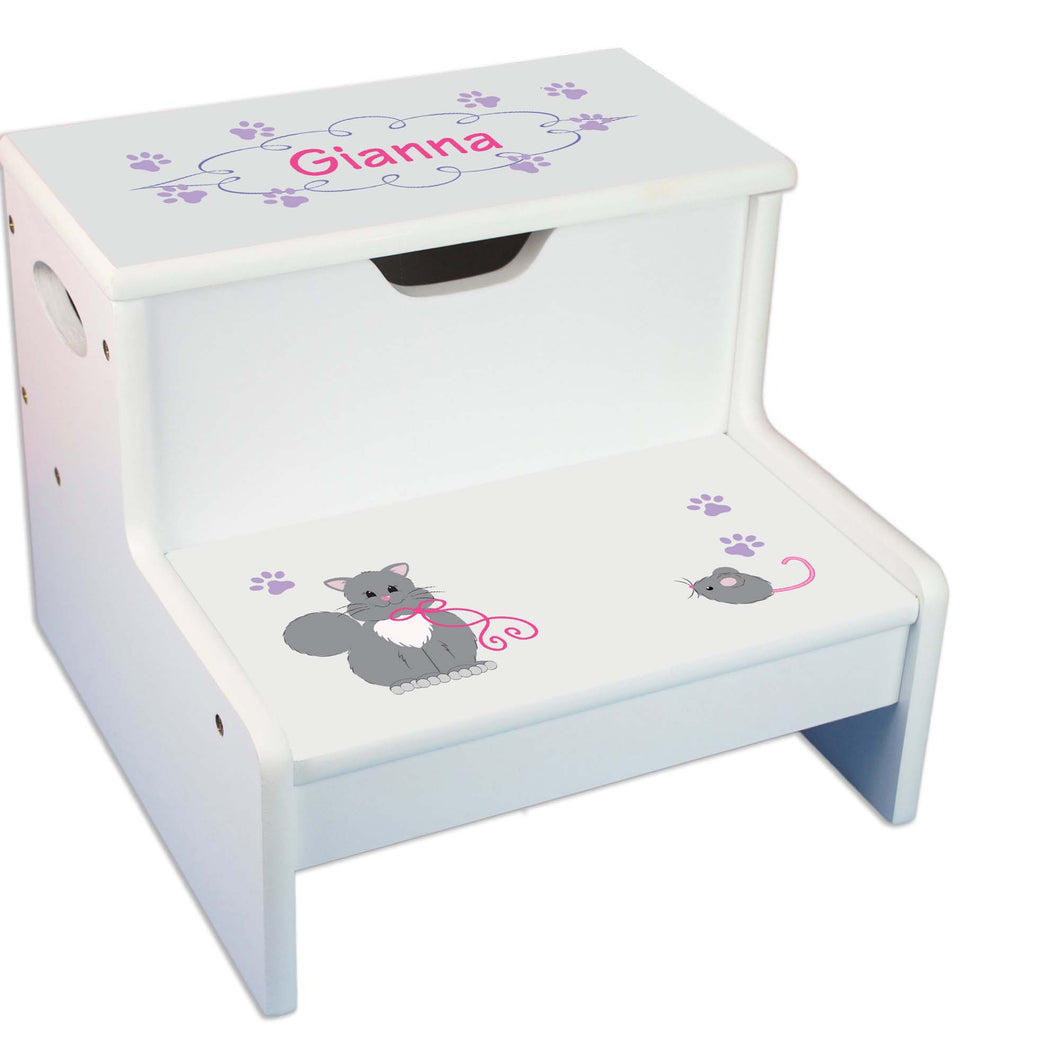 Kitty Cat Personalized White Storage Step Stool