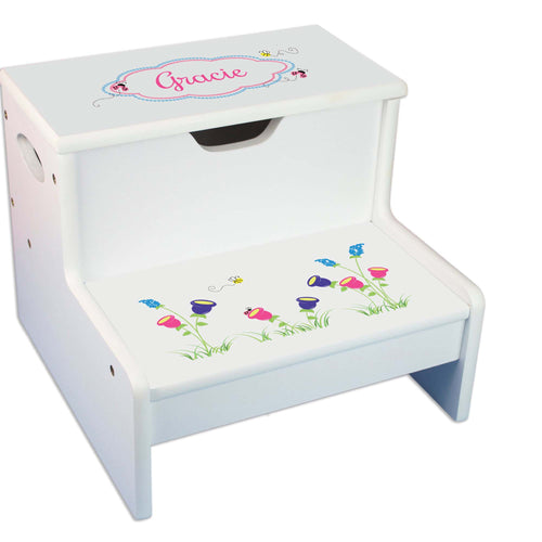 English Garden Personalized White Storage Step Stool