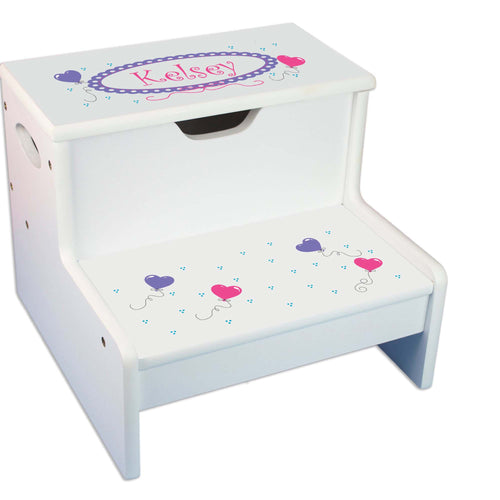 Heart Balloons Personalized White Storage Step Stool