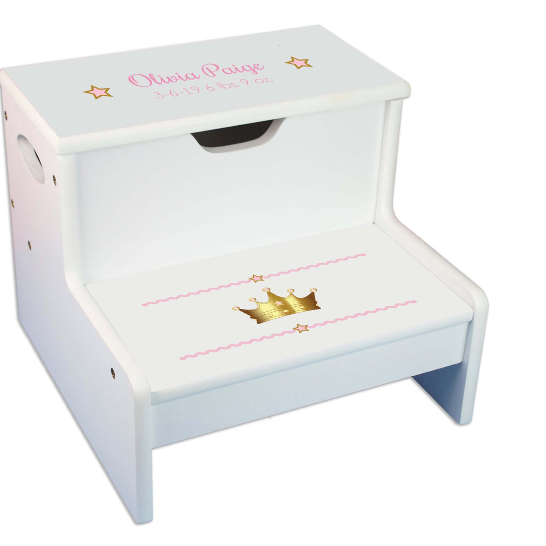 Pink Princess Crown Personalized White Storage Step Stool