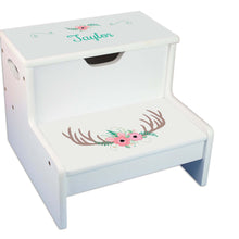 Floral Antler Personalized White Storage Step Stool