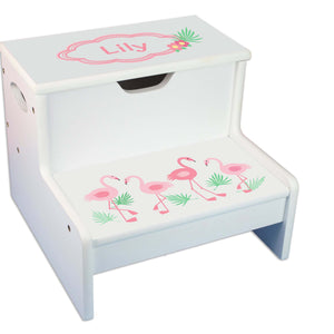 Flamingo Design White Storage Step Stool