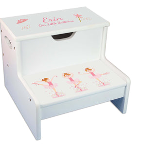 Brunette Ballerina Personalized White Storage Step Stool