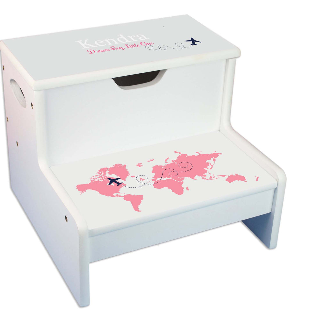 Pink World Map Personalized White Storage Step Stool