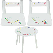 childs play table with personalized chairs crayons