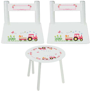 Girls pink tractor personalized table chair set