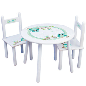 Personalized Table and Chairs with Blue Gingham Owl design