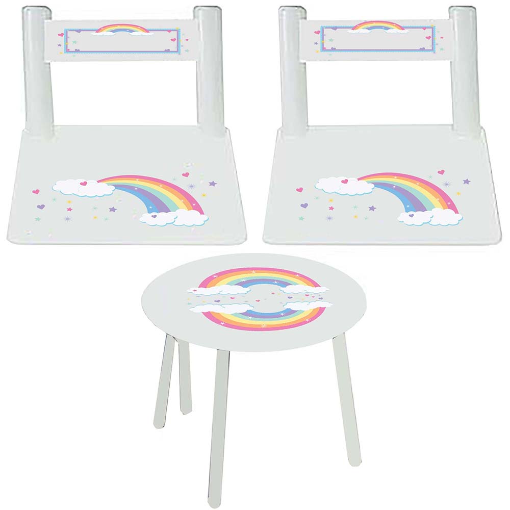 childrens rainbow round white table with personalized chairs