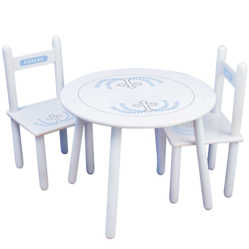Personalized Table and Chairs with Cross Garland Lt Blue design