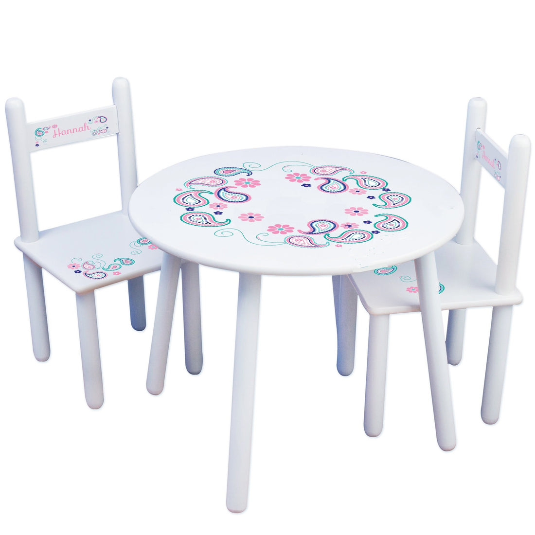 Personalized Table and Chairs with Paisley Teal and Pink design