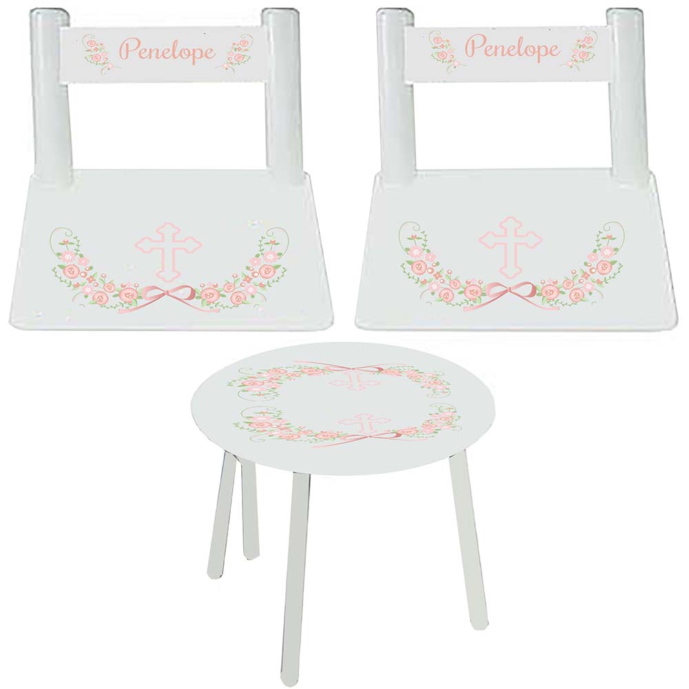 Girl's White Table Chair Set - Blush Cross Garland