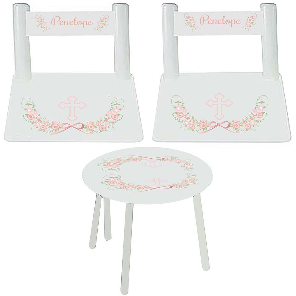 Personalized Table and Chairs with Pink Gray Floral Garland design