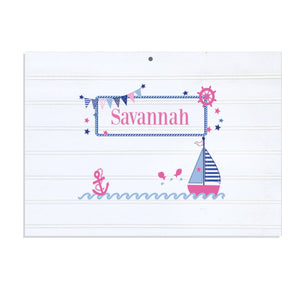 Personalized Vintage Nursery Sign with Pink Sailboat design