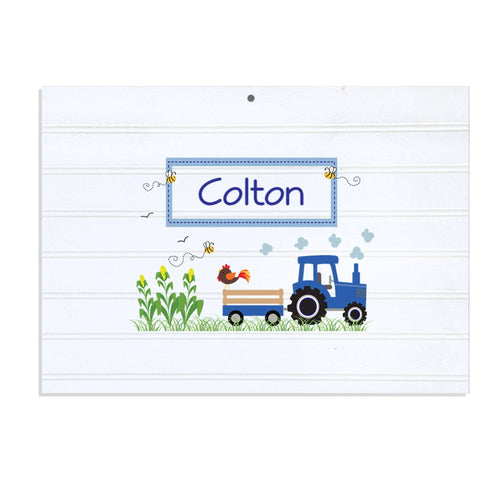 Personalized Vintage Nursery Sign with Blue Tractor design