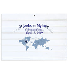 Personalized Vintage Nursery Sign with World Map Blue design