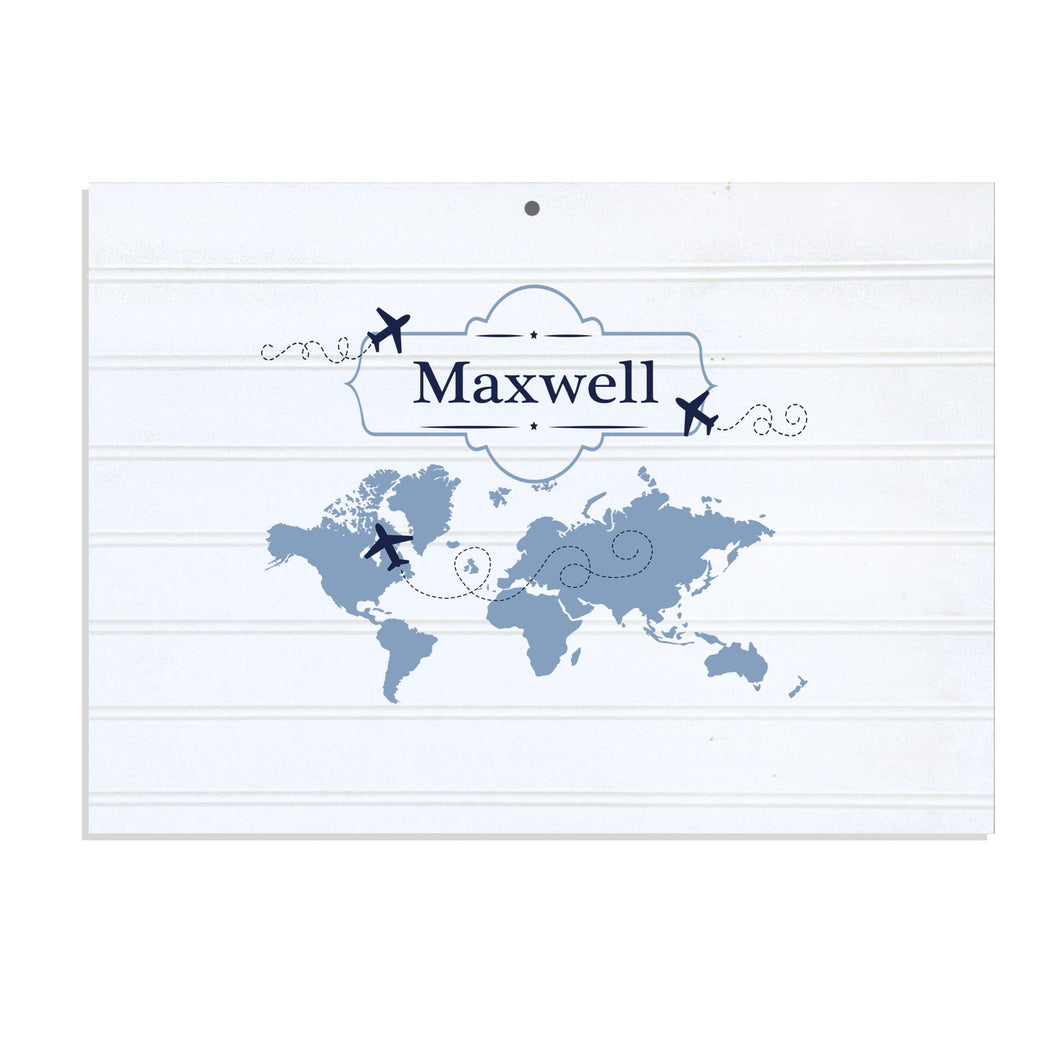 Personalized Vintage Nursery Sign with World Map Blue design