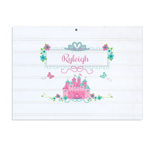 Personalized Vintage Nursery Sign with Pink Teal Princess Castle design