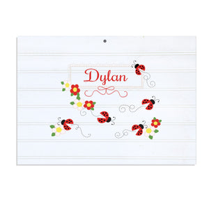 Personalized Vintage Nursery Sign with Red Ladybugs design