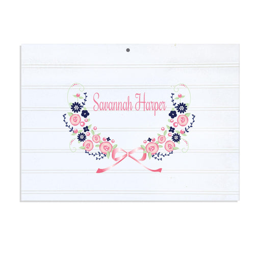 Personalized Vintage Nursery Sign with Navy Pink Floral Garland design