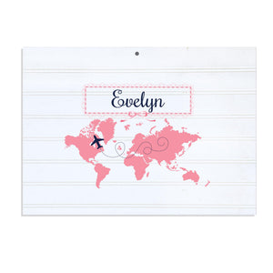 Personalized Vintage Nursery Sign with World Map Pink design