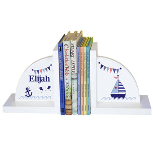 Personalized White Bookends with Boys Sailboat design
